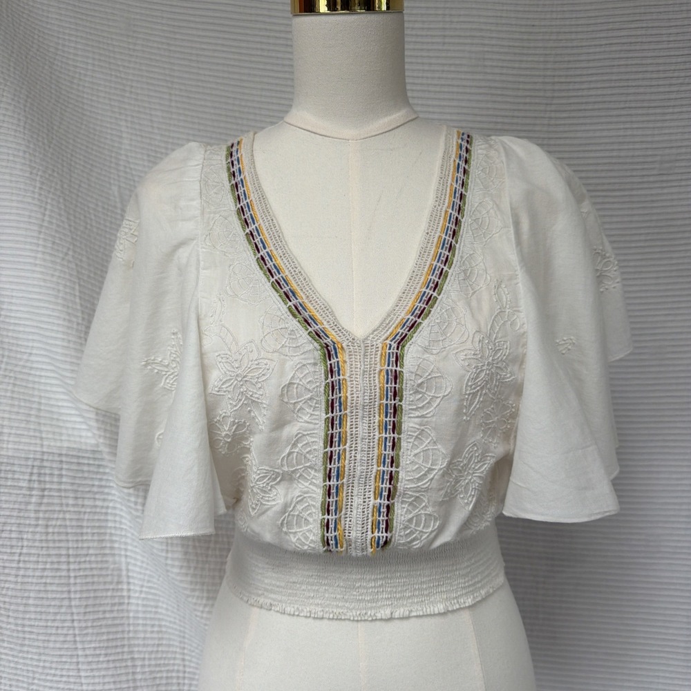 FLOREAT Anthropologie EMBROIDERY Shirt  LG Ruffle Sleeve Zip 100% Cotton Top